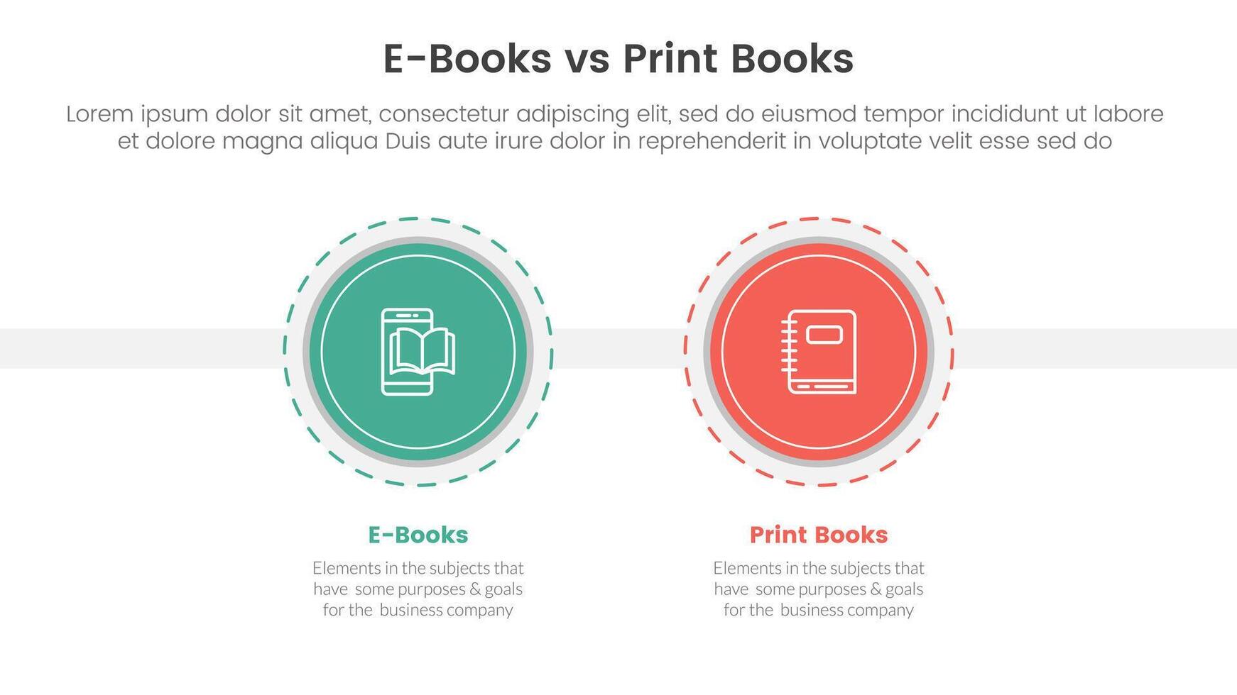 ebook vs physical book comparison concept for infographic template banner with big circle and outline style dotted with two point list information vector