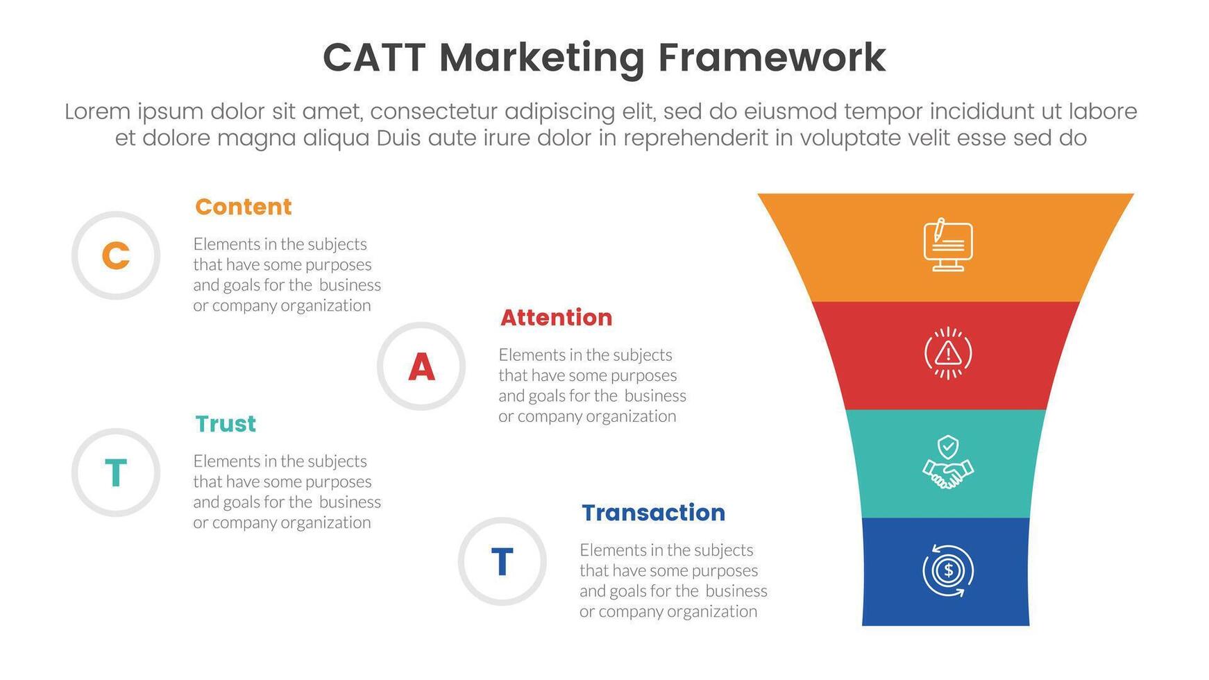 catt marketing framework infographic 4 point stage template with round funnel on right column for slide presentation vector