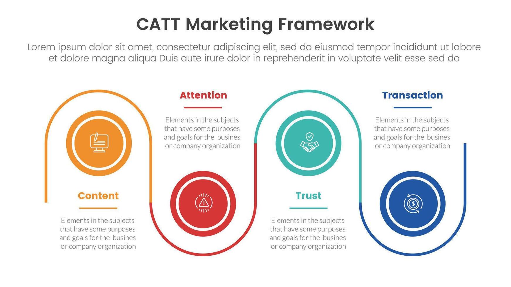 catt marketing framework infographic 4 point stage template with timeline circle point up and down linked line for slide presentation vector