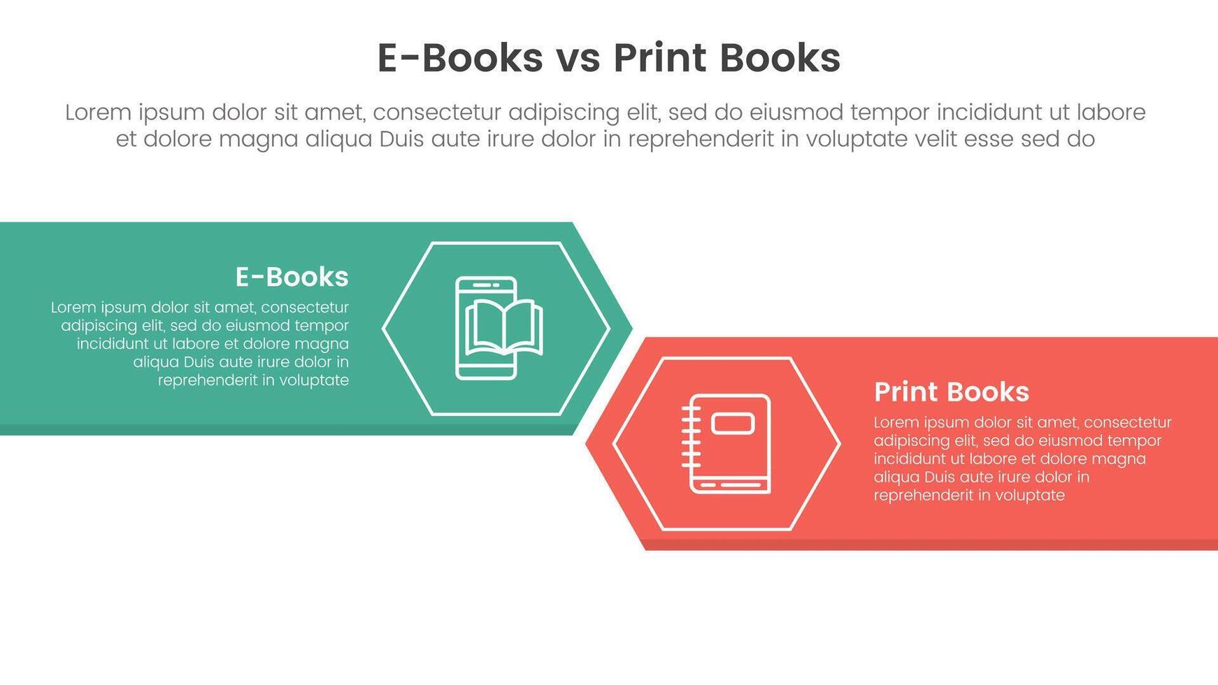 ebook vs physical book comparison concept for infographic template banner with big rectangle with arrow edge and hexagon with two point list information vector