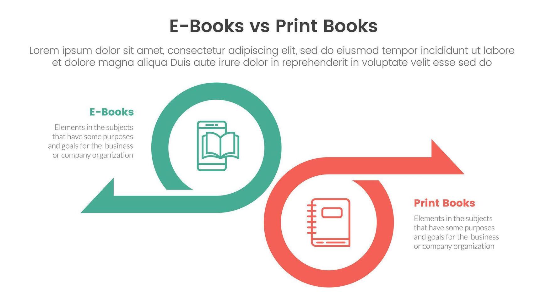 ebook vs physical book comparison concept for infographic template banner with big circle and arrow opposite direction with two point list information vector