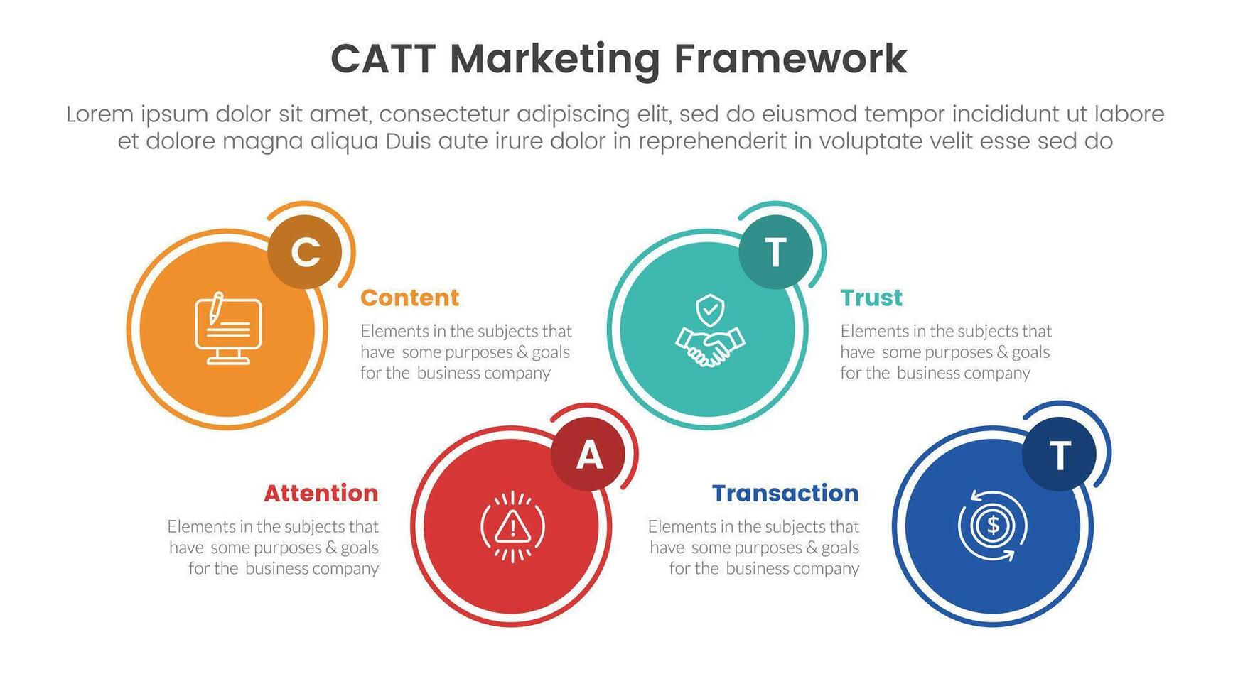 catt marketing framework infographic 4 point stage template with circle outline and badge up and down for slide presentation vector