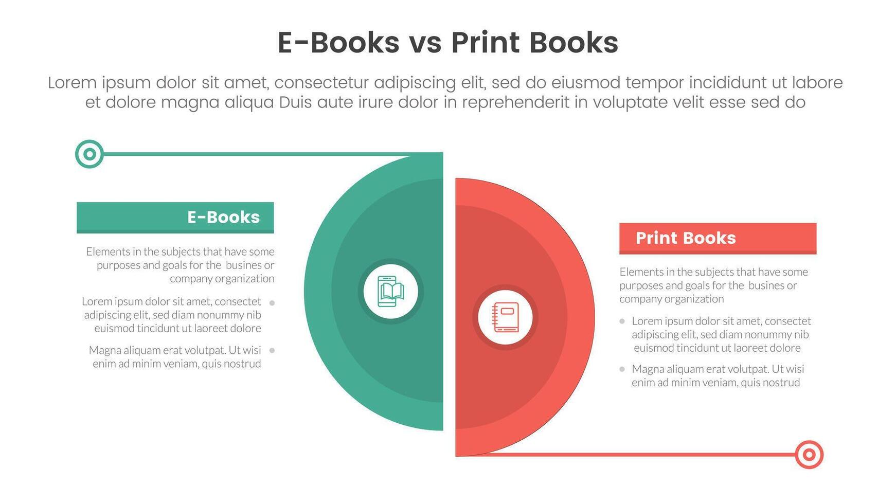 ebook vs physical book comparison concept for infographic template banner with big slice half circle with line separation with two point list information vector