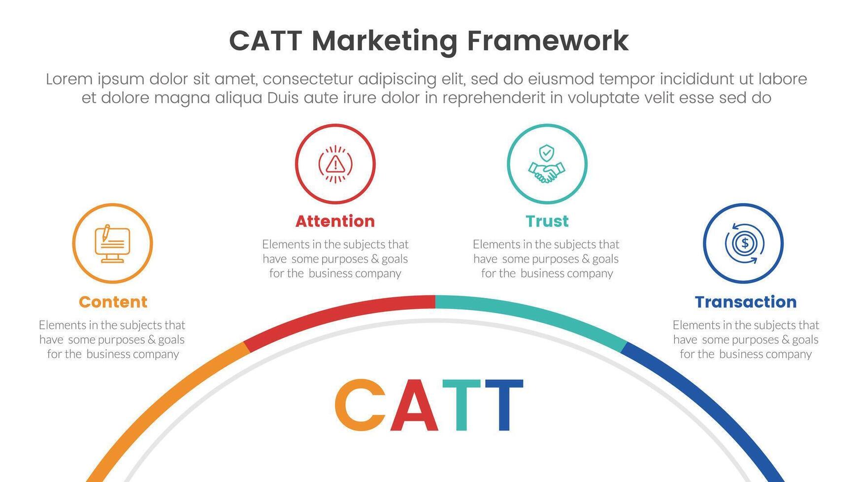 catt marketing framework infographic 4 point stage template with half circle bottom with outline point for slide presentation vector