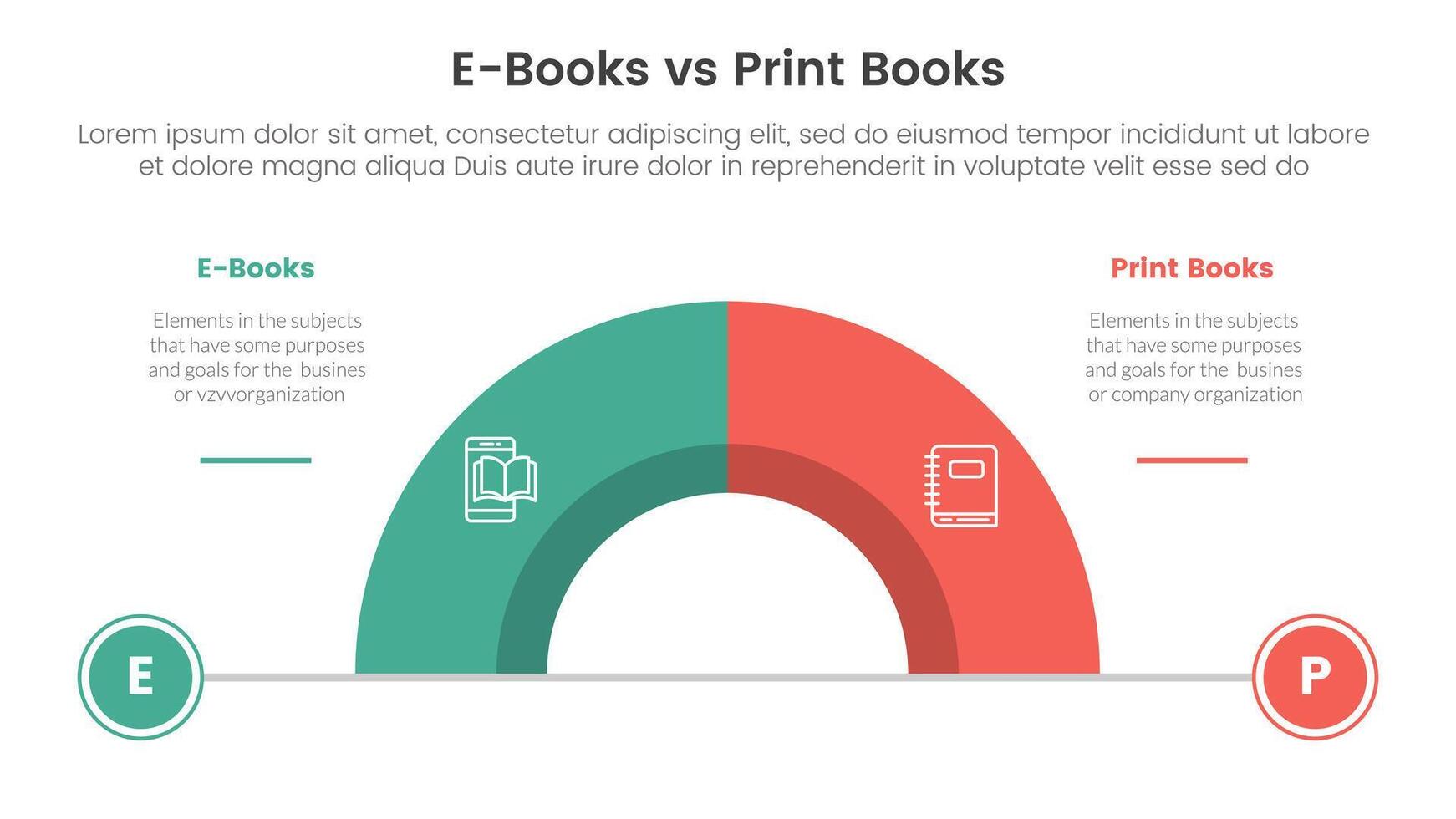 ebook vs physical book comparison concept for infographic template banner with half circle divided with two point list information vector