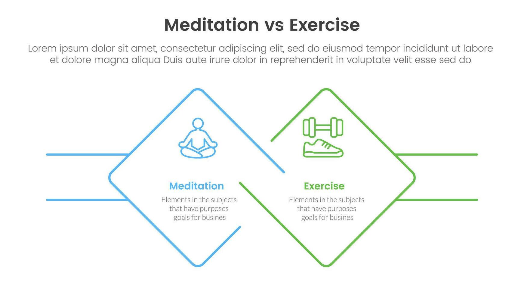 meditation vs physical exercise comparison or versus concept for infographic template banner with diamond outline shape and rectangle with two point list information vector
