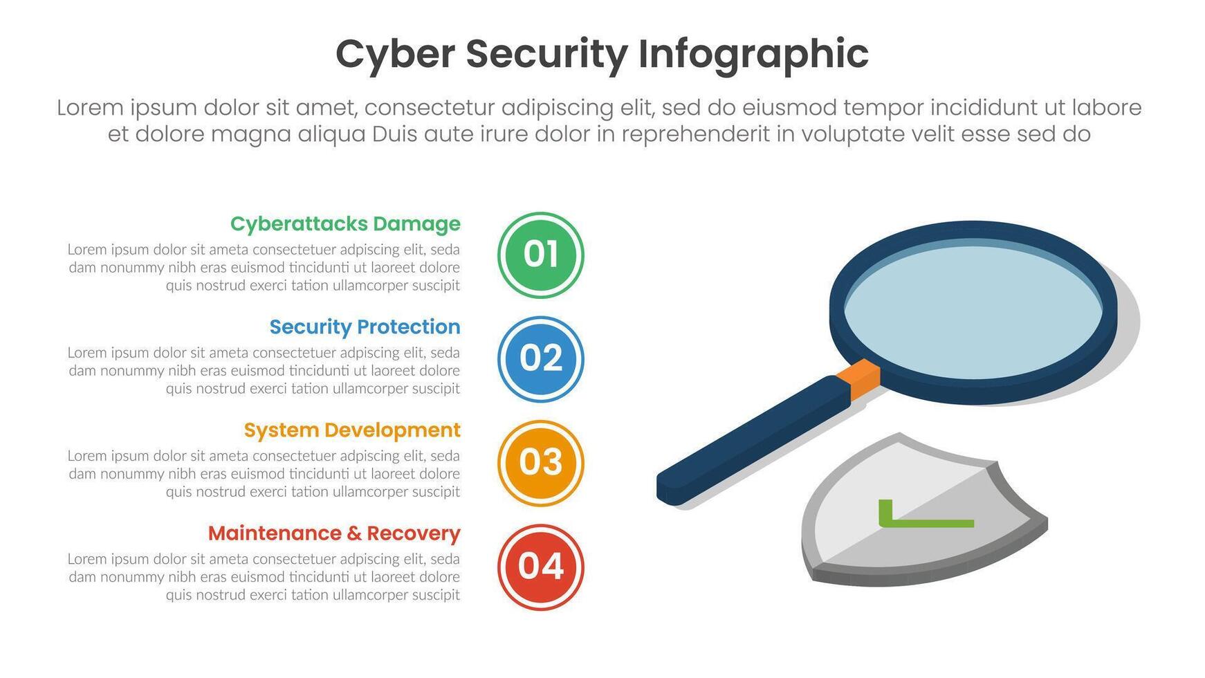 cybersecurity technology infographic template banner with isometric magnifying zoom tools and shield with 4 point list information for slide presentation vector