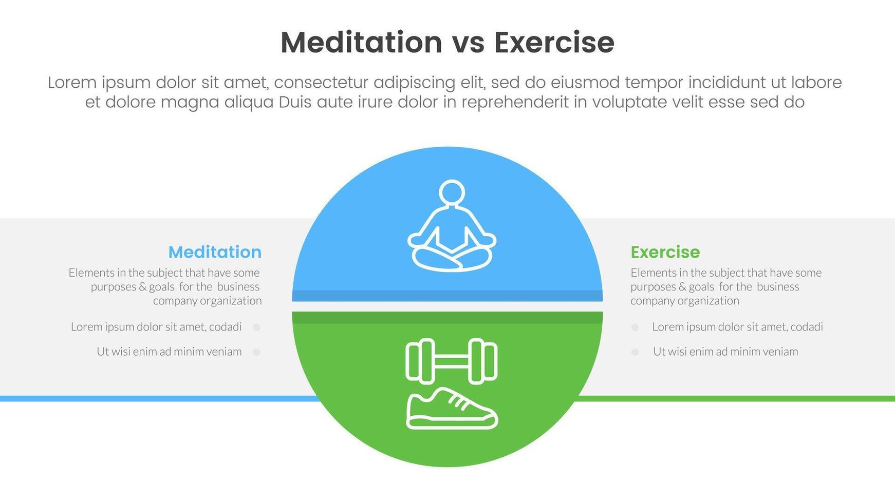 meditation vs physical exercise comparison or versus concept for infographic template banner with big circle divided and box rectangle with two point list information vector