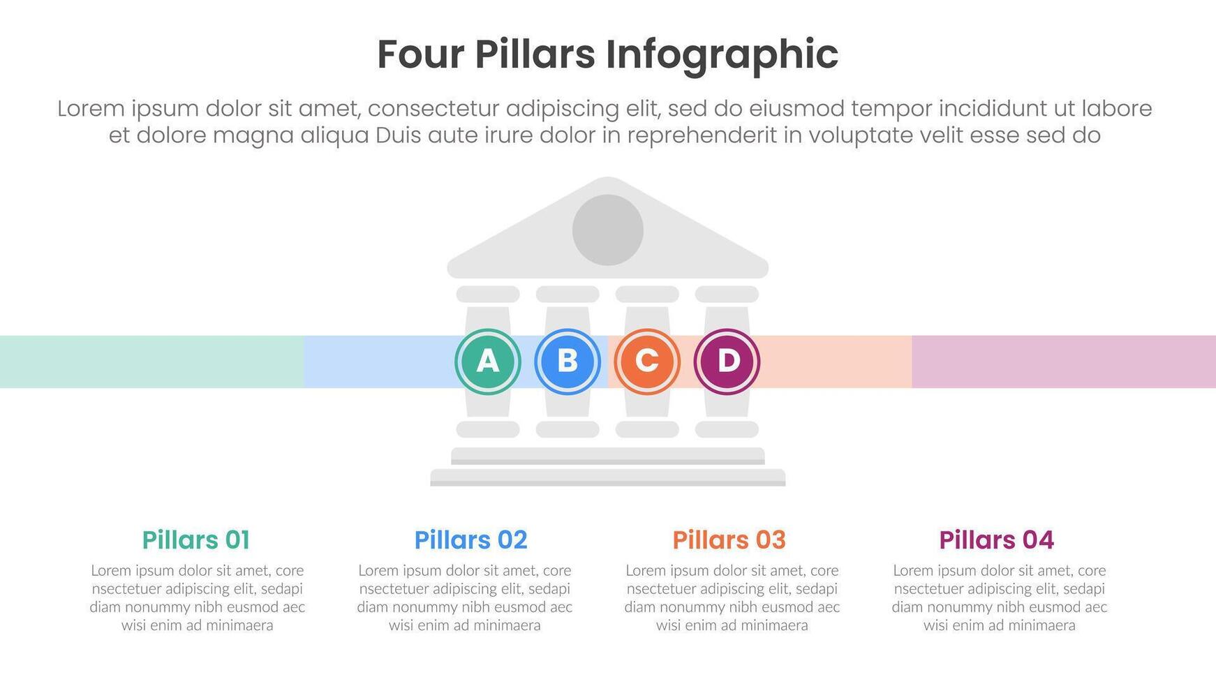 Four pillars framework with ancient classic construction infographic with 4 point stage template with small building center and circle point for slide presentation vector
