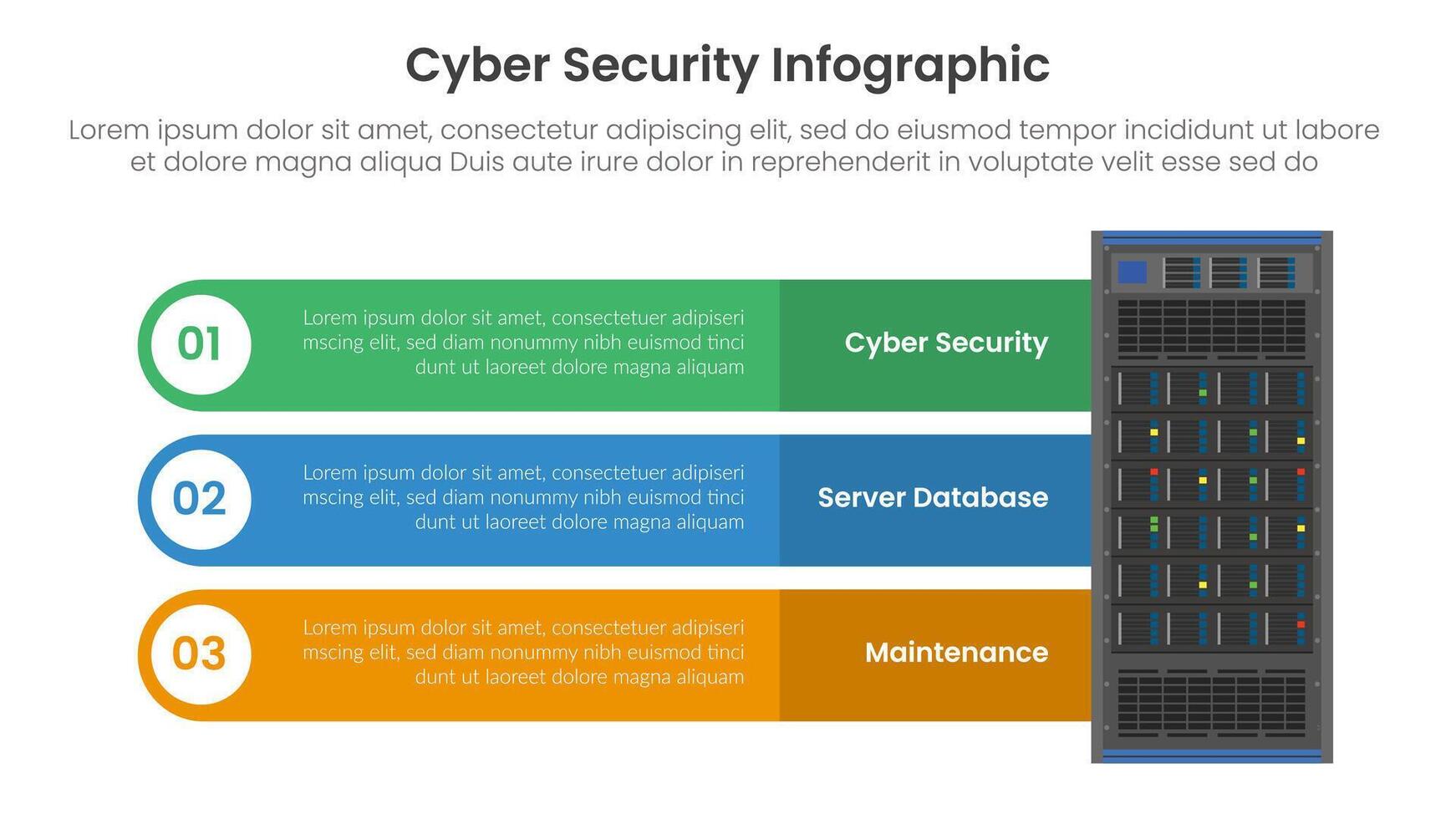 cybersecurity technology infographic template banner with big server and round rectangle box container with 3 point list information for slide presentation vector