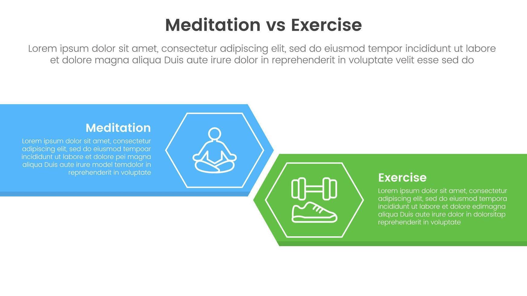 meditation vs physical exercise comparison or versus concept for infographic template banner with big rectangle with arrow edge and hexagon with two point list information vector