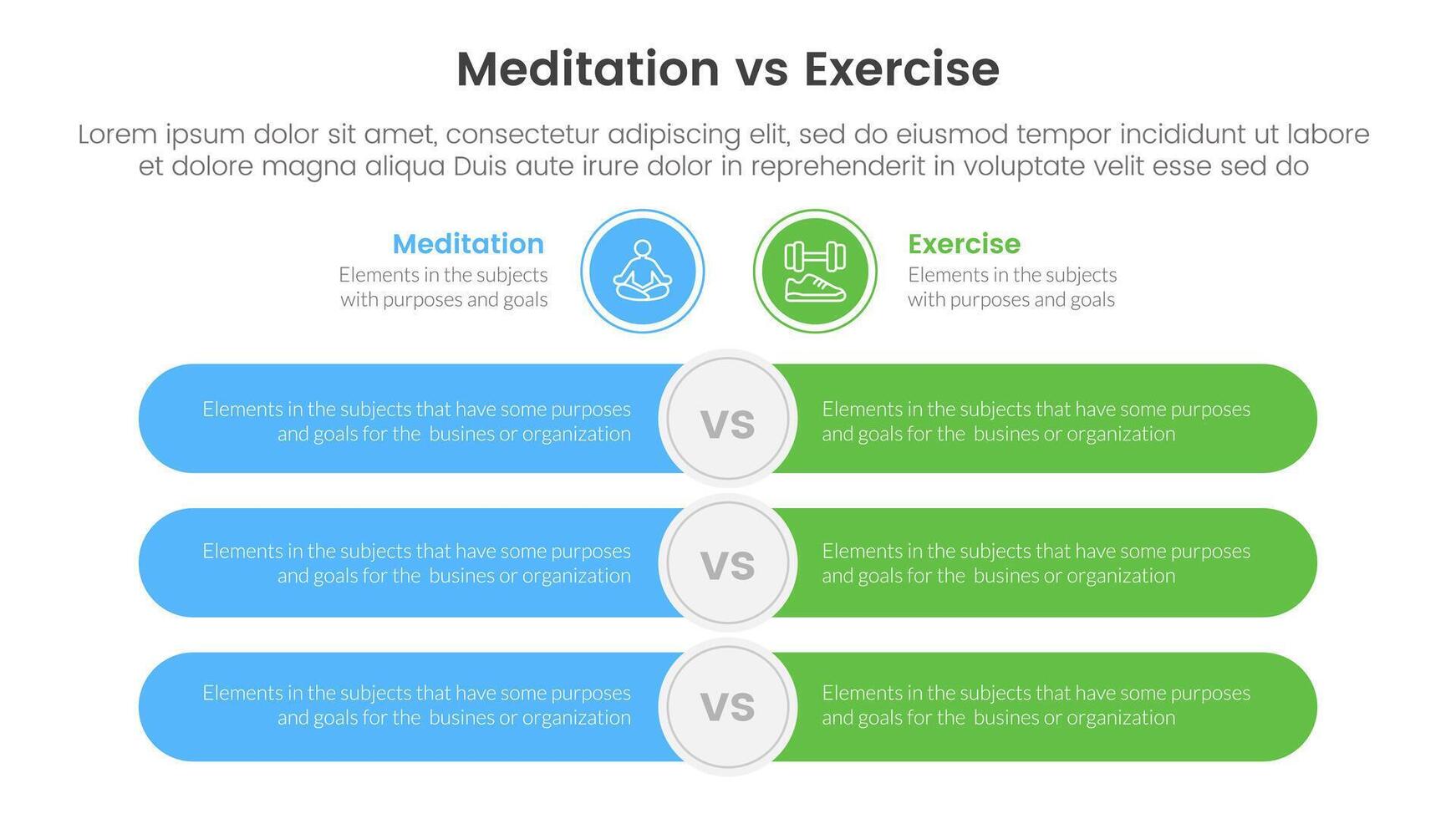 meditation vs physical exercise comparison or versus concept for infographic template banner with round rectangle bar opposite with two point list information vector