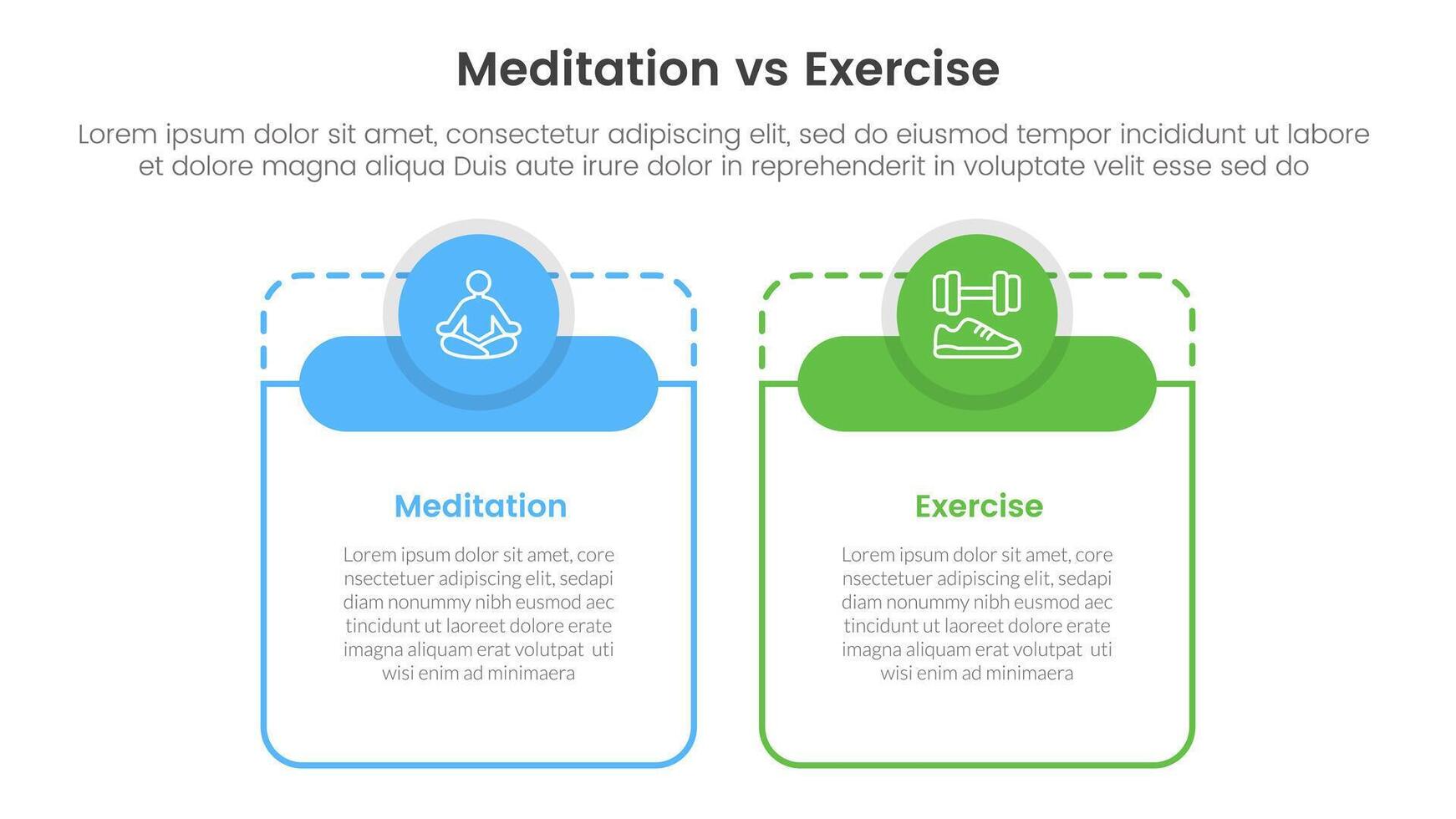 meditation vs physical exercise comparison or versus concept for infographic template banner with big table shape round circle header with two point list information vector