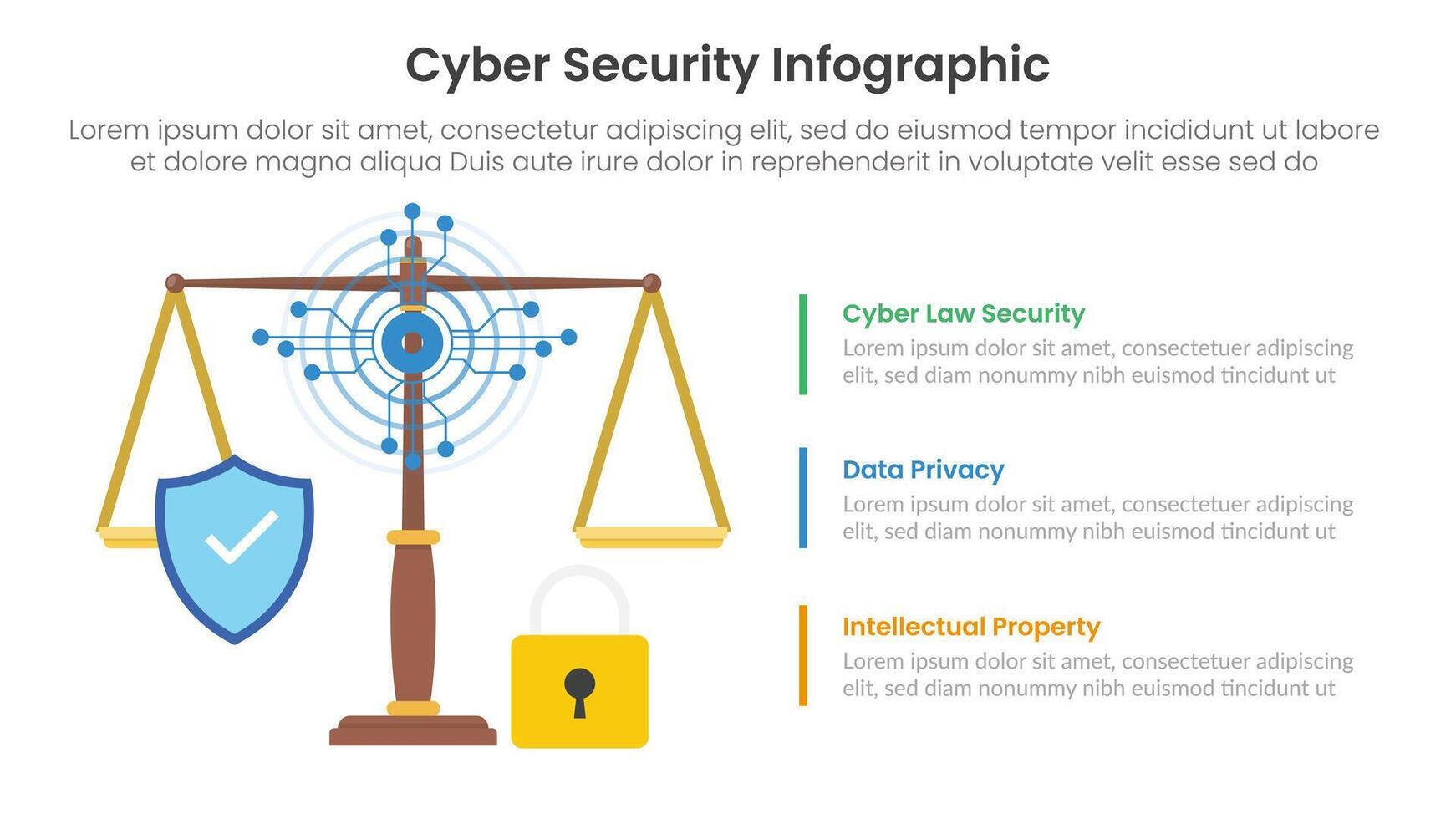 cybersecurity technology infographic template banner with cyber law with scale and padlock with 3 point list information for slide presentation vector