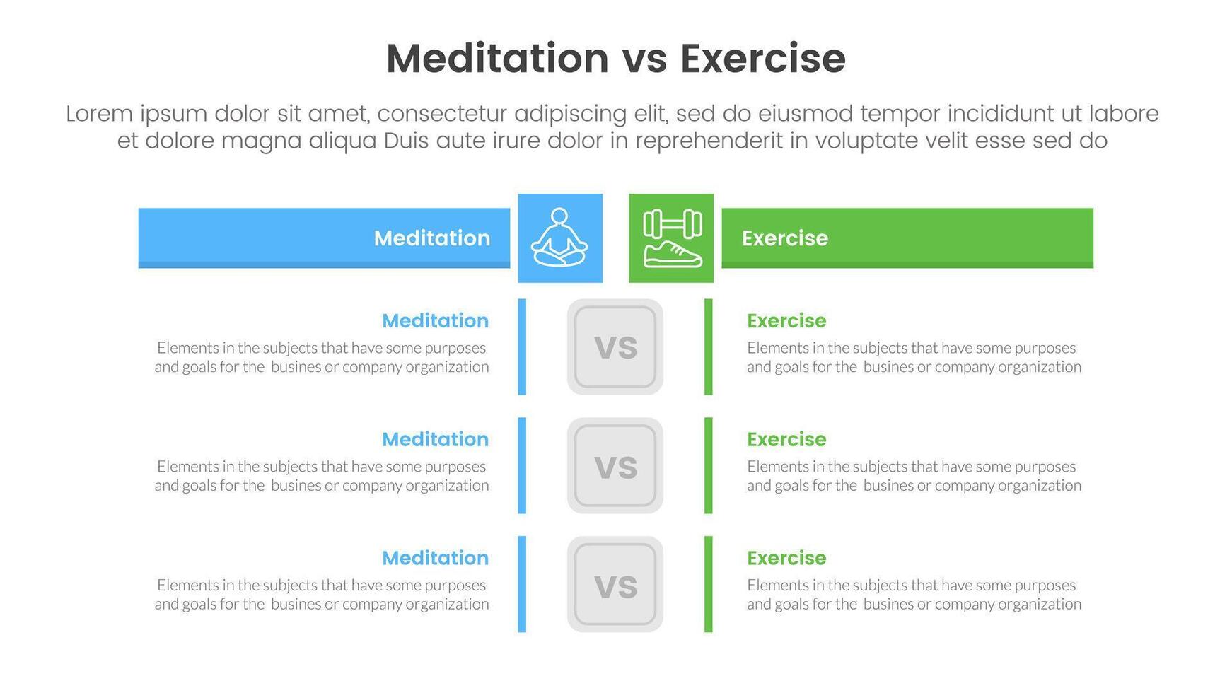 meditation vs physical exercise comparison or versus concept for infographic template banner with box rectangle table opposite with two point list information vector