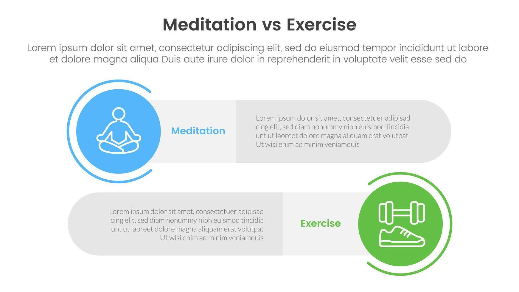 meditation vs physical exercise comparison or versus concept for infographic template banner with big circle and long rectangle round shape with two point list information vector