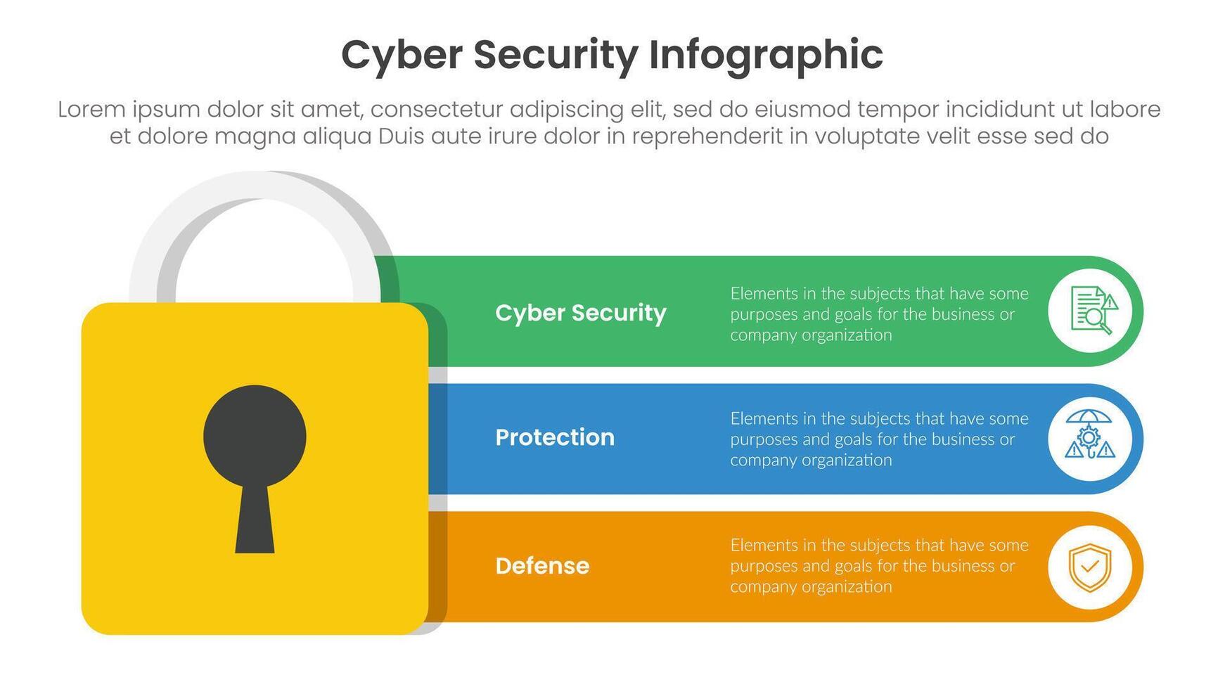 cybersecurity technology infographic template banner with big padlock security and round rectangle box container with 3 point list information for slide presentation vector