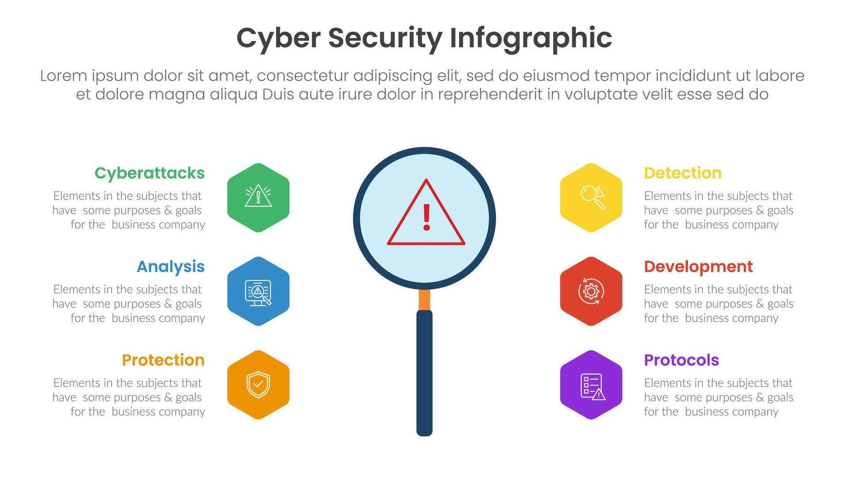 cybersecurity technology infographic template banner with big magnifying zoom tools with hexagon point with 6 point list information for slide presentation vector