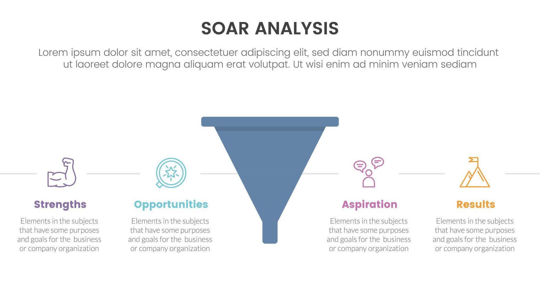 soar analysis framework infographic with funnel shape with horizontal point description with 4 point list concept for slide presentation vector