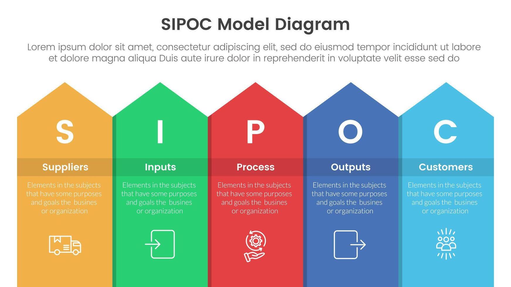 sipoc infographic template banner with long rectangle top arrow with 5 point list information for slide presentation vector