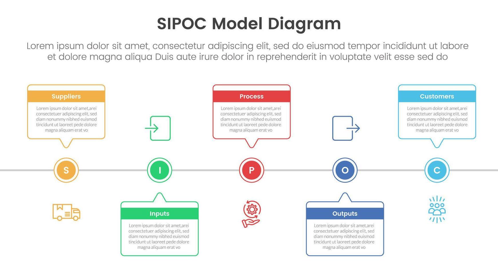 sipoc infographic template banner with timeline horizontal callout box with circle point with 5 point list information for slide presentation vector
