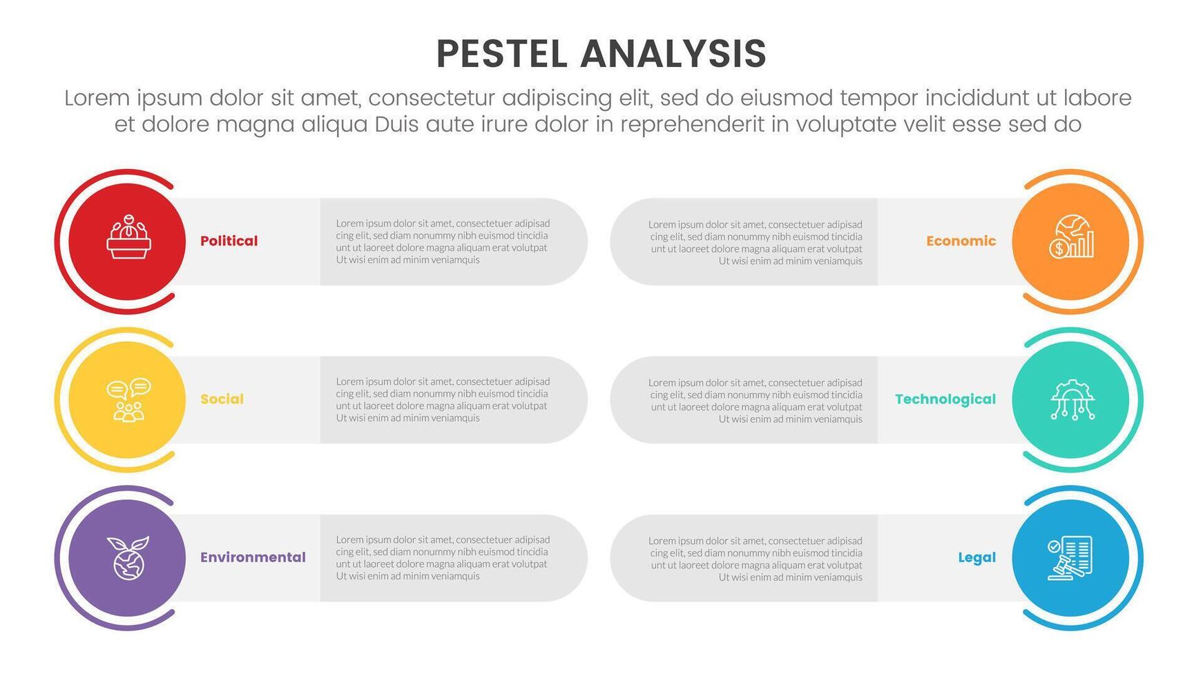 pestel business analysis tool framework infographic with round rectangle and circle edge with 6 point stages concept for slide presentation vector