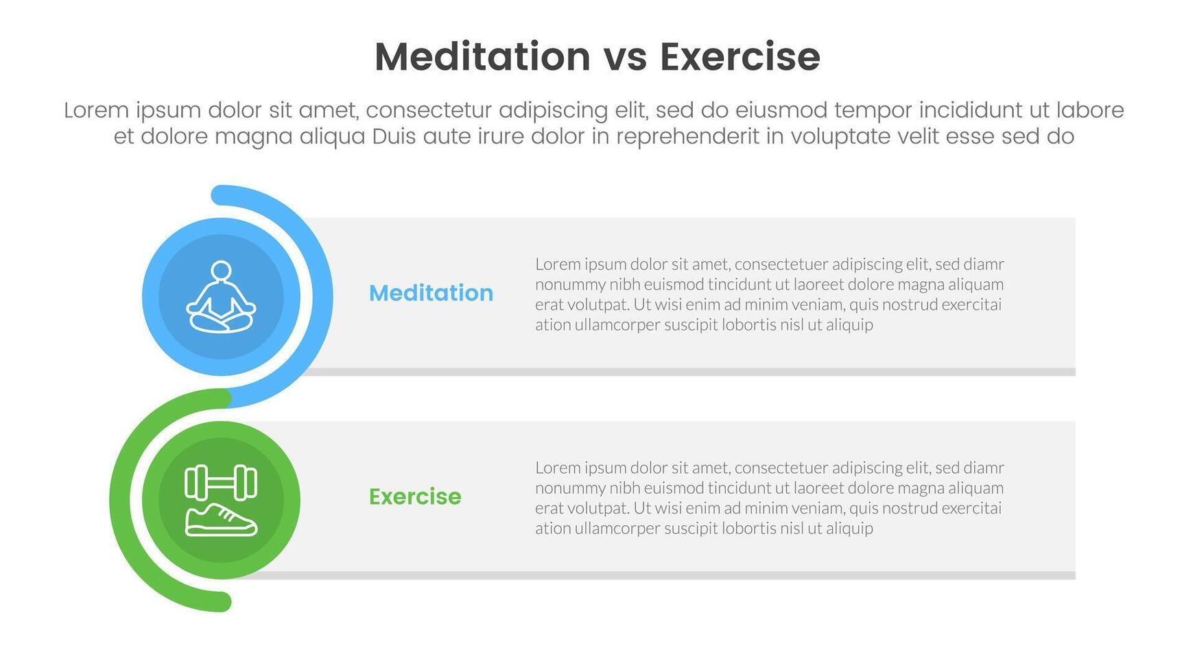 meditation vs physical exercise comparison or versus concept for infographic template banner with rectangle box stack and circle wave with two point list information vector