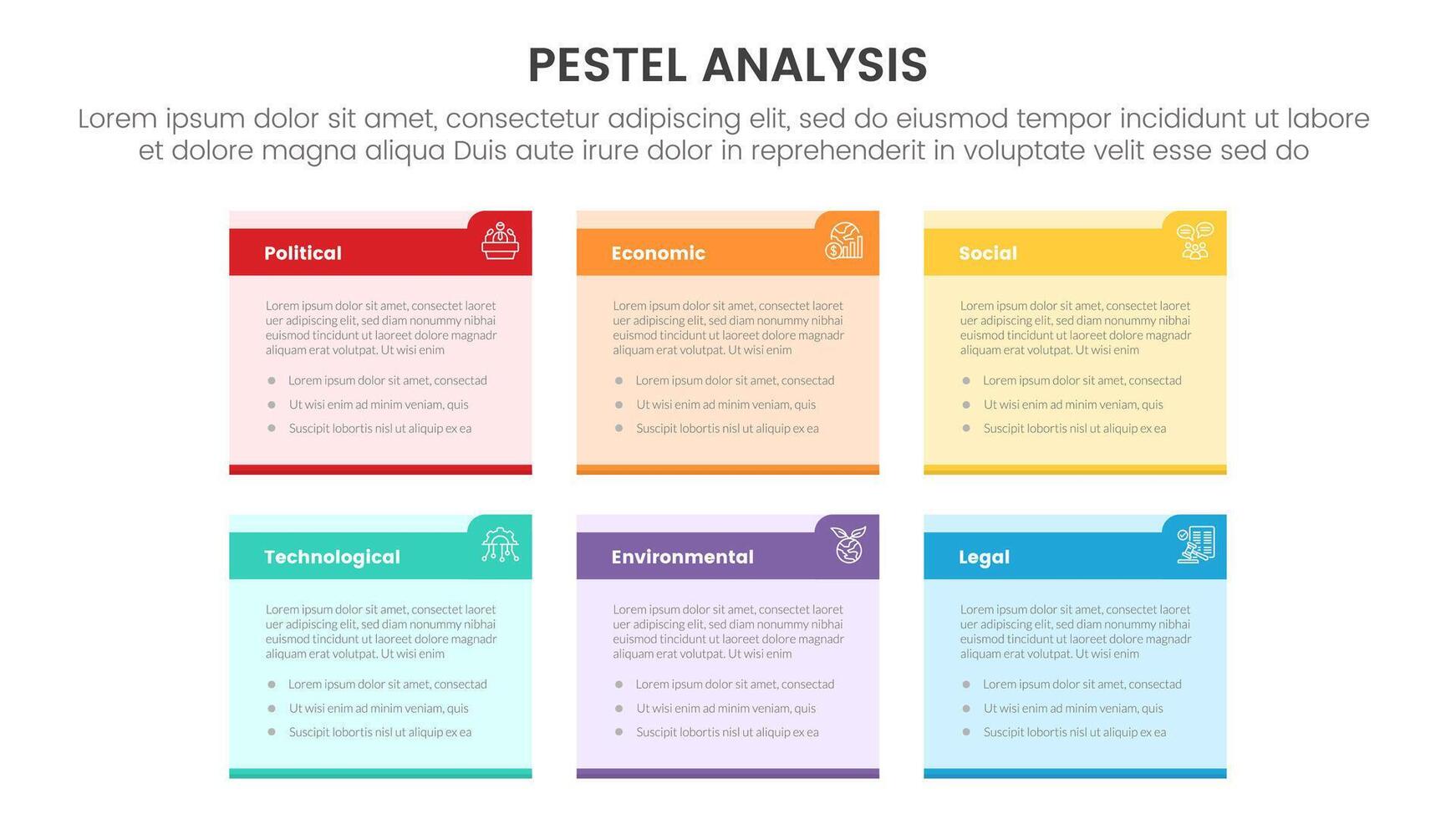 pestel business analysis tool framework infographic with small table box with strong header badge with 6 point stages concept for slide presentation vector