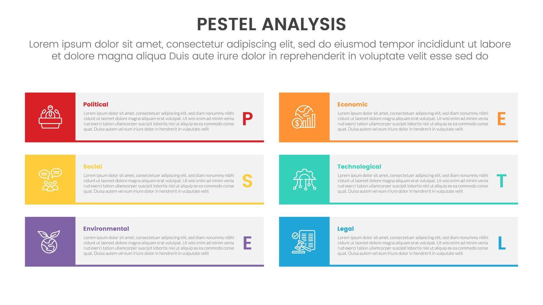 pestel business analysis tool framework infographic with long rectangle and footer list with 6 point stages concept for slide presentation vector