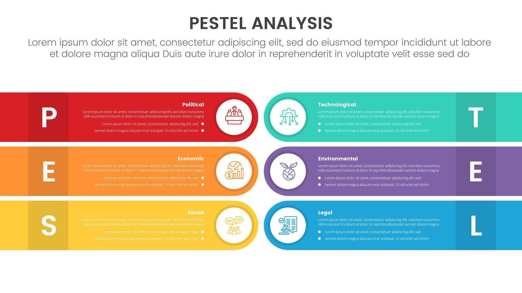 pestel business analysis tool framework infographic with round rectangle circle edge opposite direction with 6 point stages concept for slide presentation vector