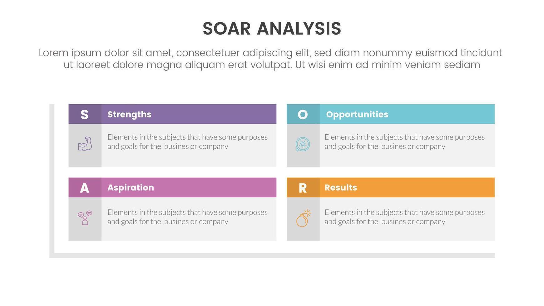 soar analysis framework infographic with rectangle box table header matrix structure with 4 point list concept for slide presentation vector