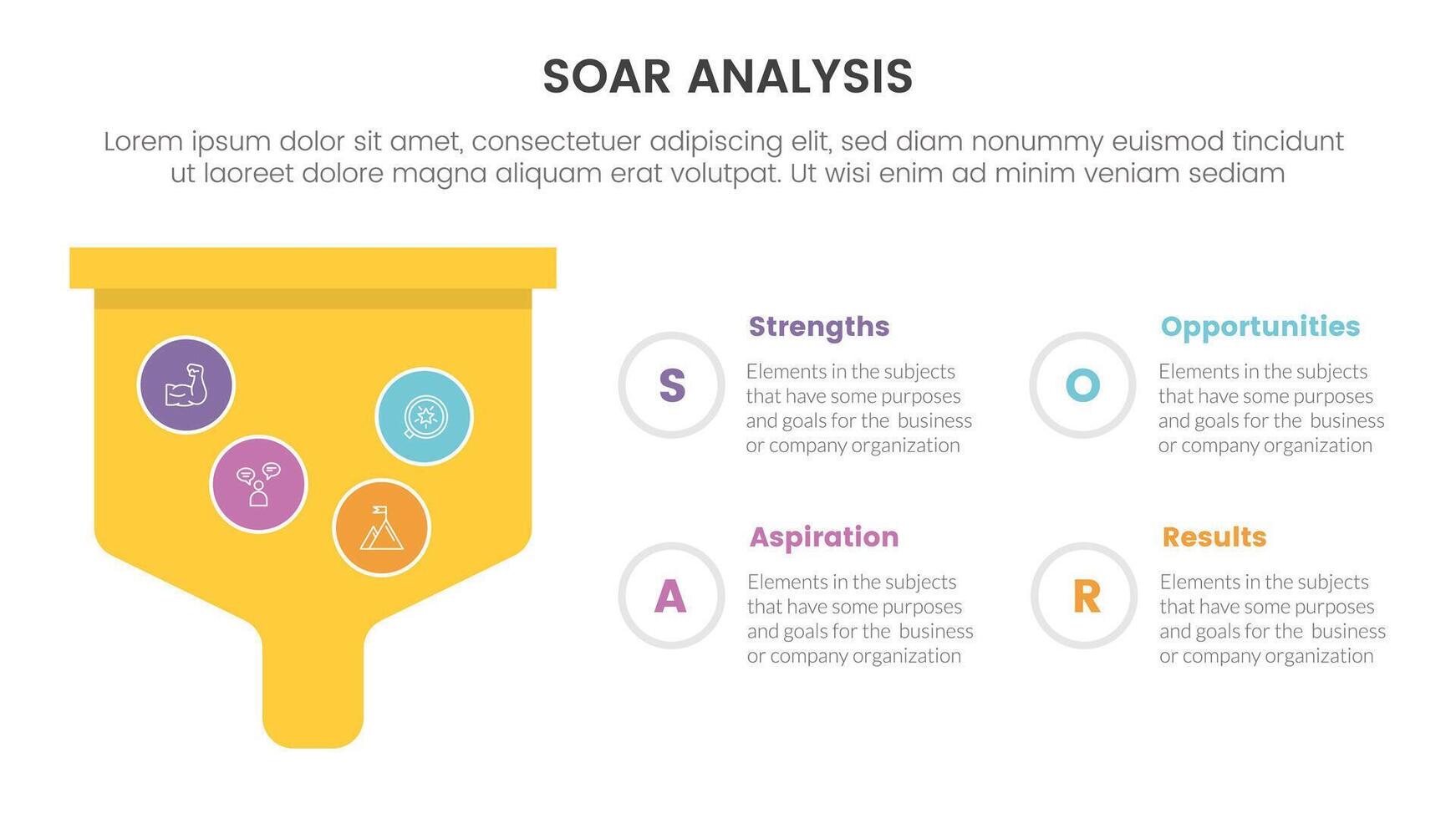 soar analysis framework infographic with bold funnel box with 4 point list concept for slide presentation vector