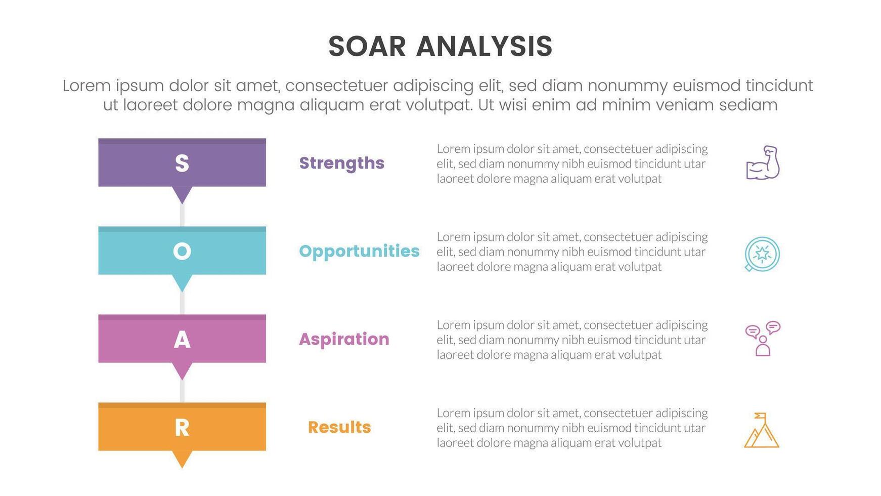 soar analysis framework infographic with rectangle box stack with small arrow bottom with 4 point list concept for slide presentation vector