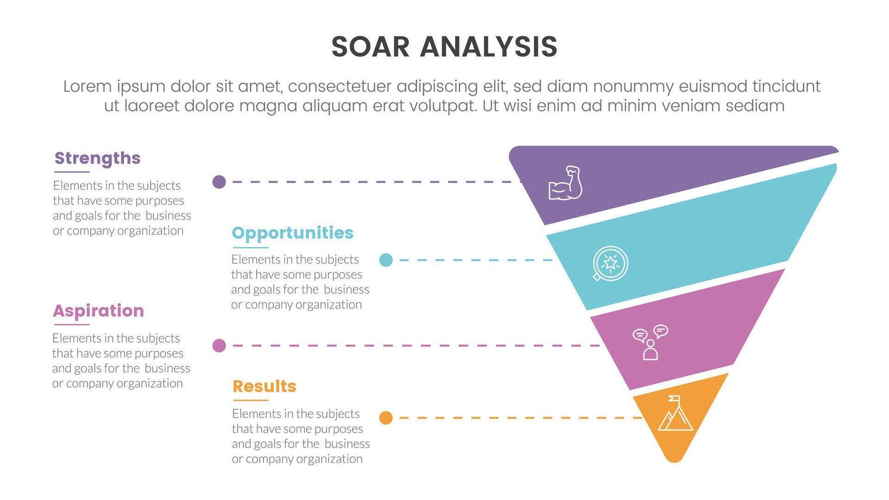 soar analysis framework infographic with funnel reverse pyramid shape slice with 4 point list concept for slide presentation vector