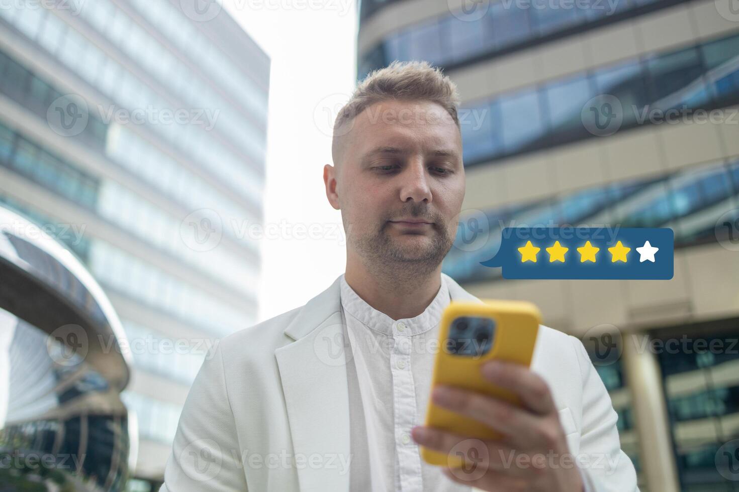 Customer satisfaction experience concept. Businessman using mobile phone giving 4 star icon and excellent for feedback review satisfaction service. rating very impressed. photo