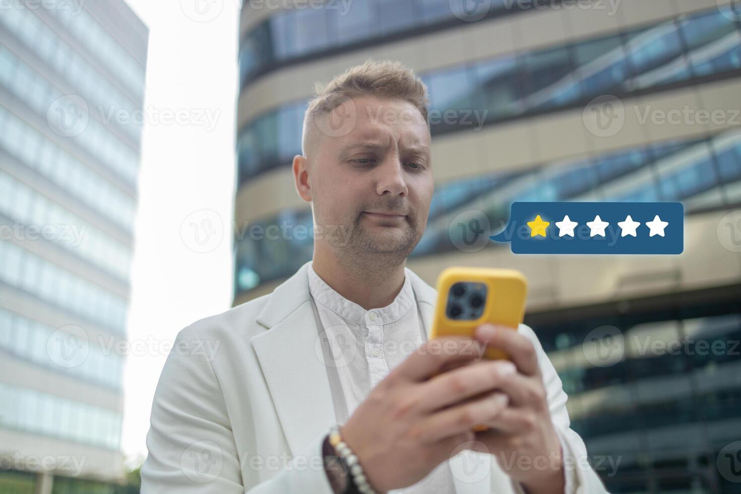 Customer satisfaction experience concept. Businessman using mobile phone giving 1 star icon and excellent for feedback review satisfaction service. rating very impressed. photo