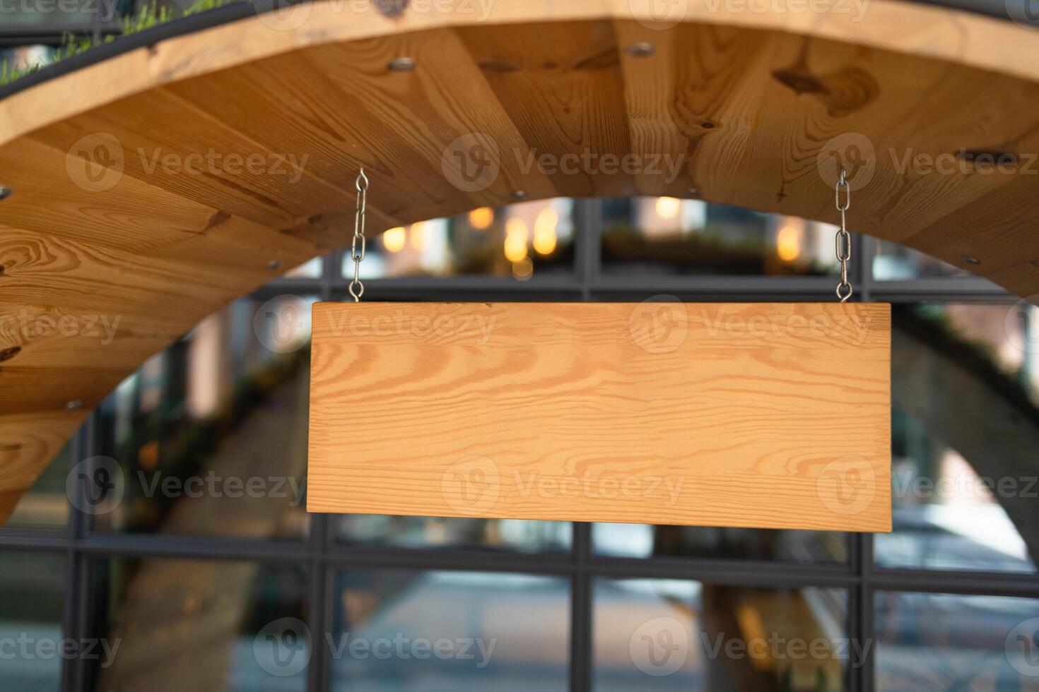 Wood blank chalkboard mock up or mockup with wooden frame with bokeh light effect and blur restaurant background photo