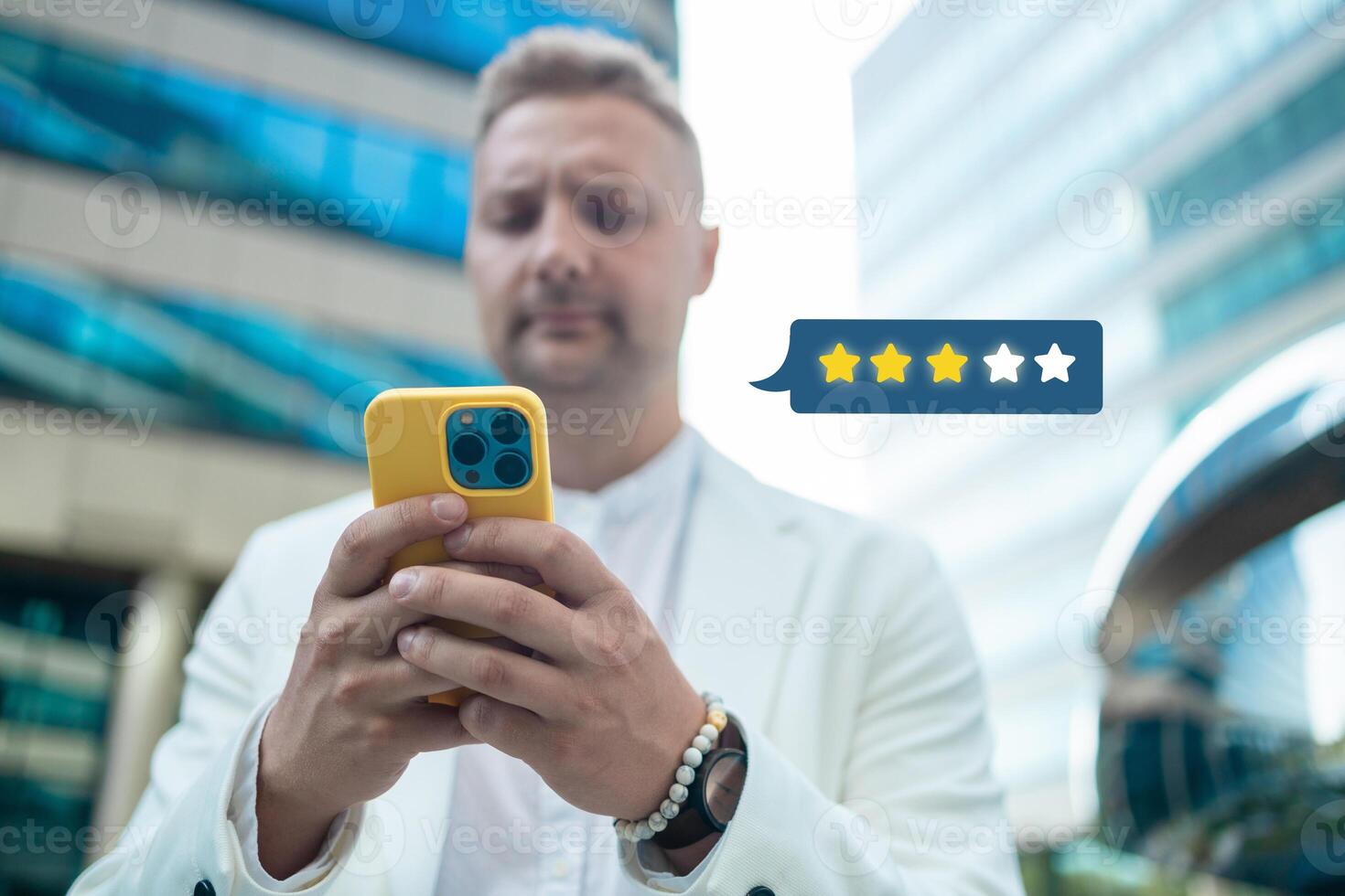 Customer satisfaction experience concept. Businessman using mobile phone giving 3 star icon and excellent for feedback review satisfaction service. rating very impressed. photo