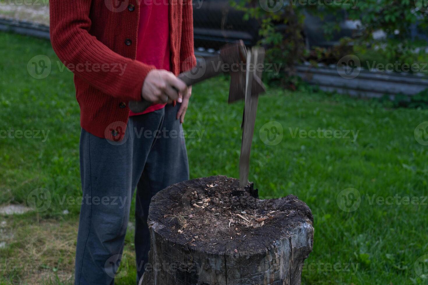 A man is chopping wood for a bonfir A man is chopping small firewood. Evening photo