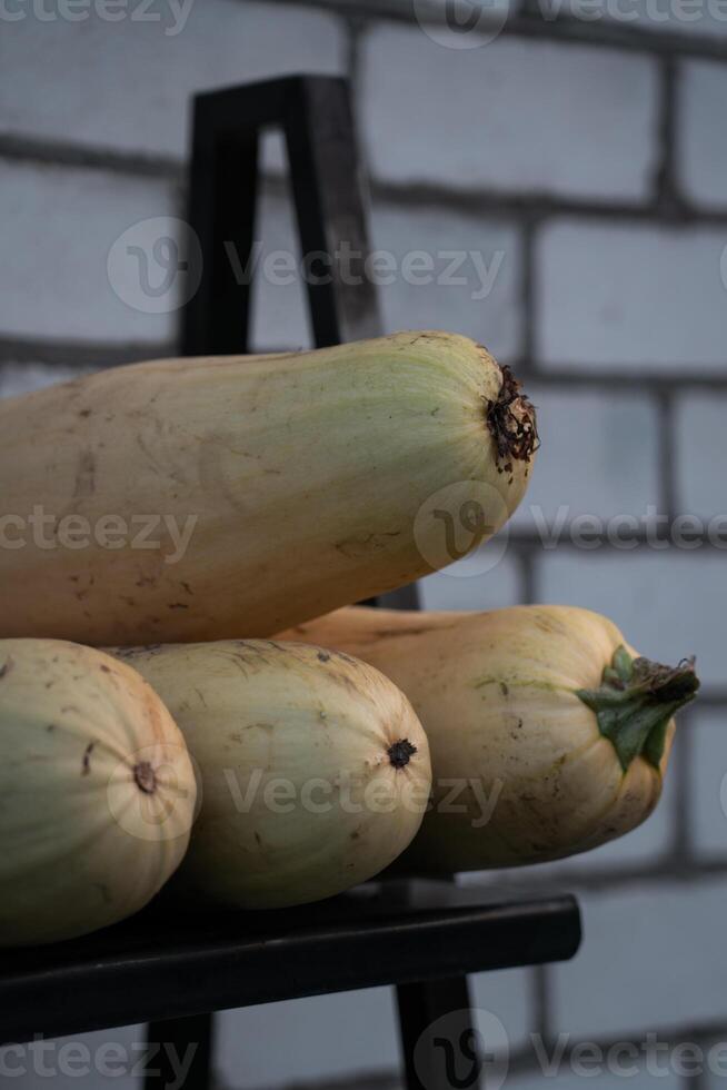 The white and yellow zucchini are on the shelf. Evening in the village photo