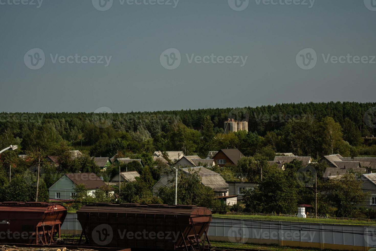 The village is behind the railway station. The forest is far away. Empty carriages photo