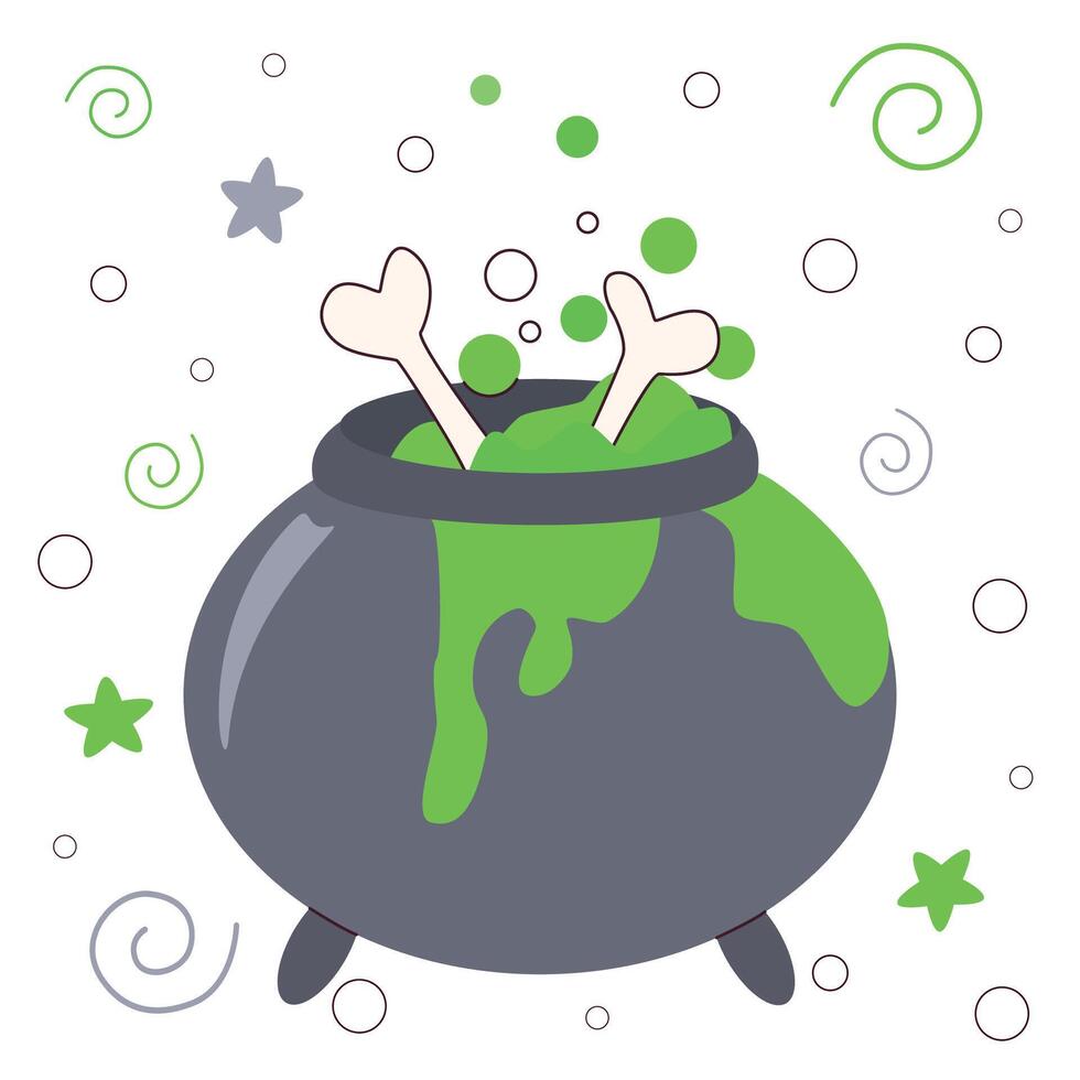 Halloween themed illustration featuring a bubbling cauldron filled with green potion and bones, surrounded by whimsical stars and swirls. Perfect for spooky designs, party invitations. vector