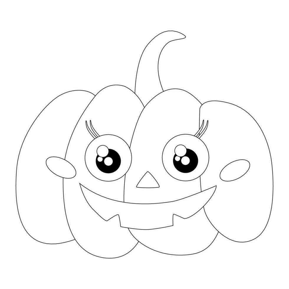 Coloring page cute Halloween pumpkin with big eyes and smile, festive vegetable. vector
