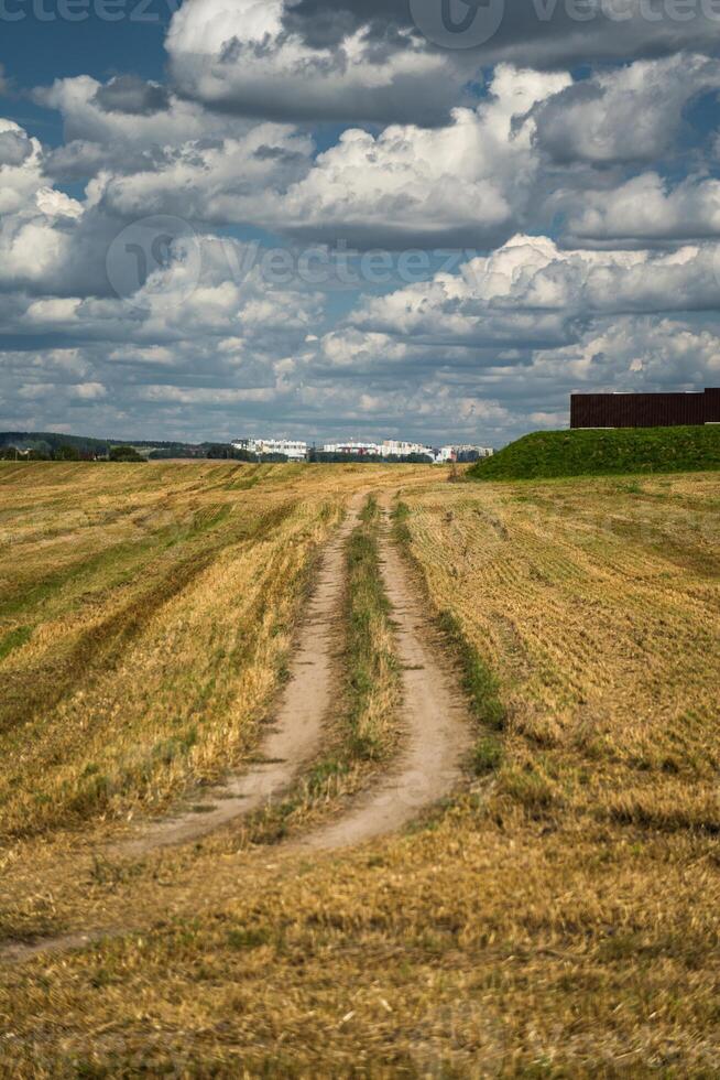 Thick clouds over a dirt road in a field. The road to the field after harvest photo