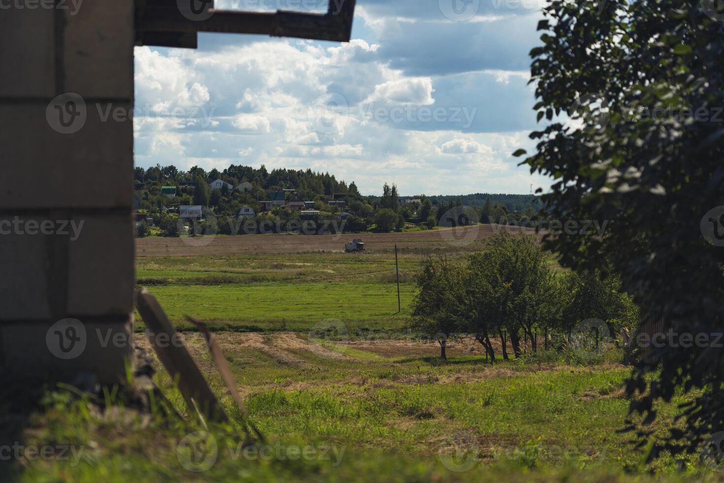 A combine harvester in the distance reaps wheat in a field photo