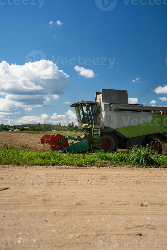 The harvester is working in the field. The combine harvester harvests wheat photo