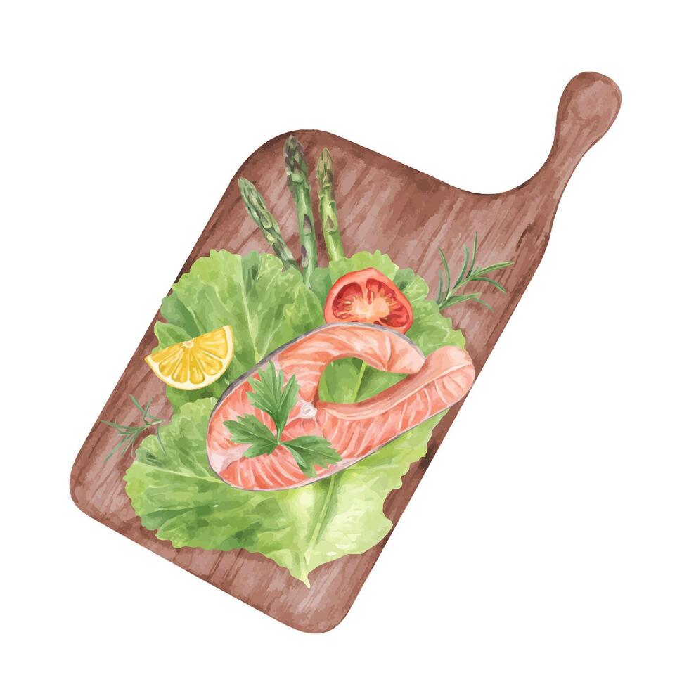 Grilled salmon steak with vegetable salad, lemon, tomato slice and asparagus on wooden desk watercolor illustration. Trout fish with fresh greens for healthy food recipes, menu, cookbook. Care food vector