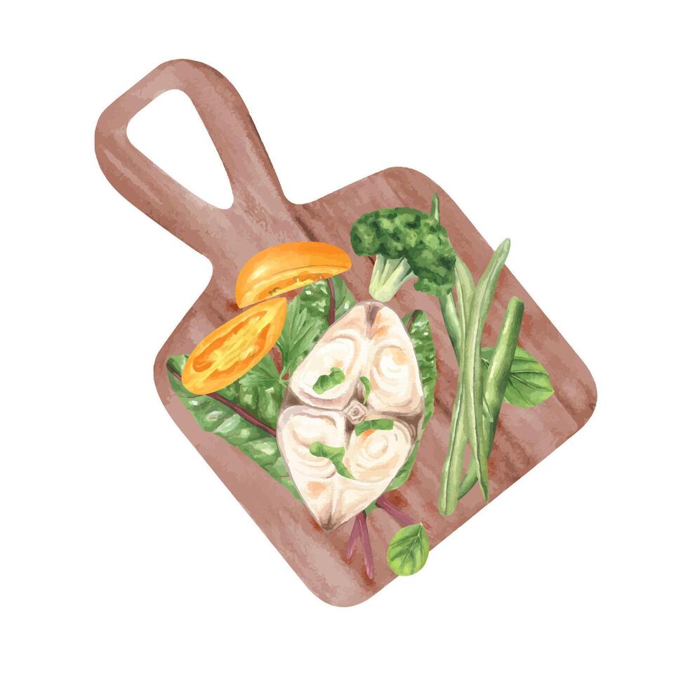 Grilled white fish with fresh green vegetables, leaves, yellow tomato slice on rectangle wooden desk watercolor illustration. Sturgeon steak with greens for healthy food recipes, menu, cookbook vector