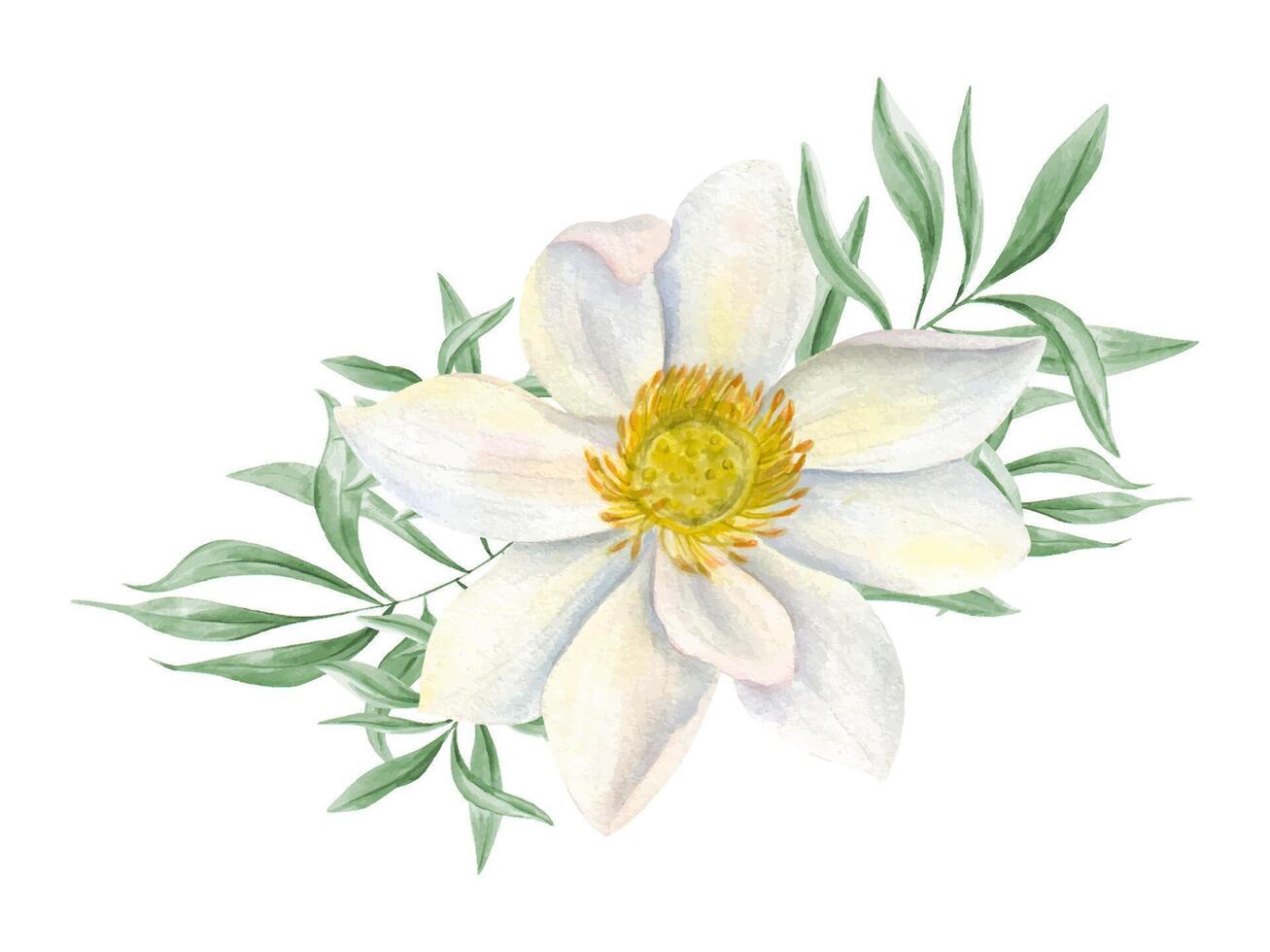 Single white lotus flower among green tropical leaves watercolor realistic illustration. Waterlily and eucalyptus branches bouquet for wedding greeting, spa salon decor, cosmetic package vector