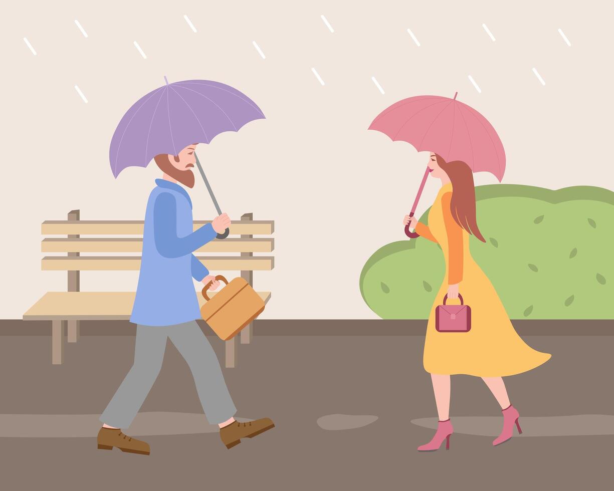 man and woman under rain with umbrellas, passersby. Illustration for printing, backgrounds and packaging. Image can be used for greeting cards and posters. Isolated on white background. vector